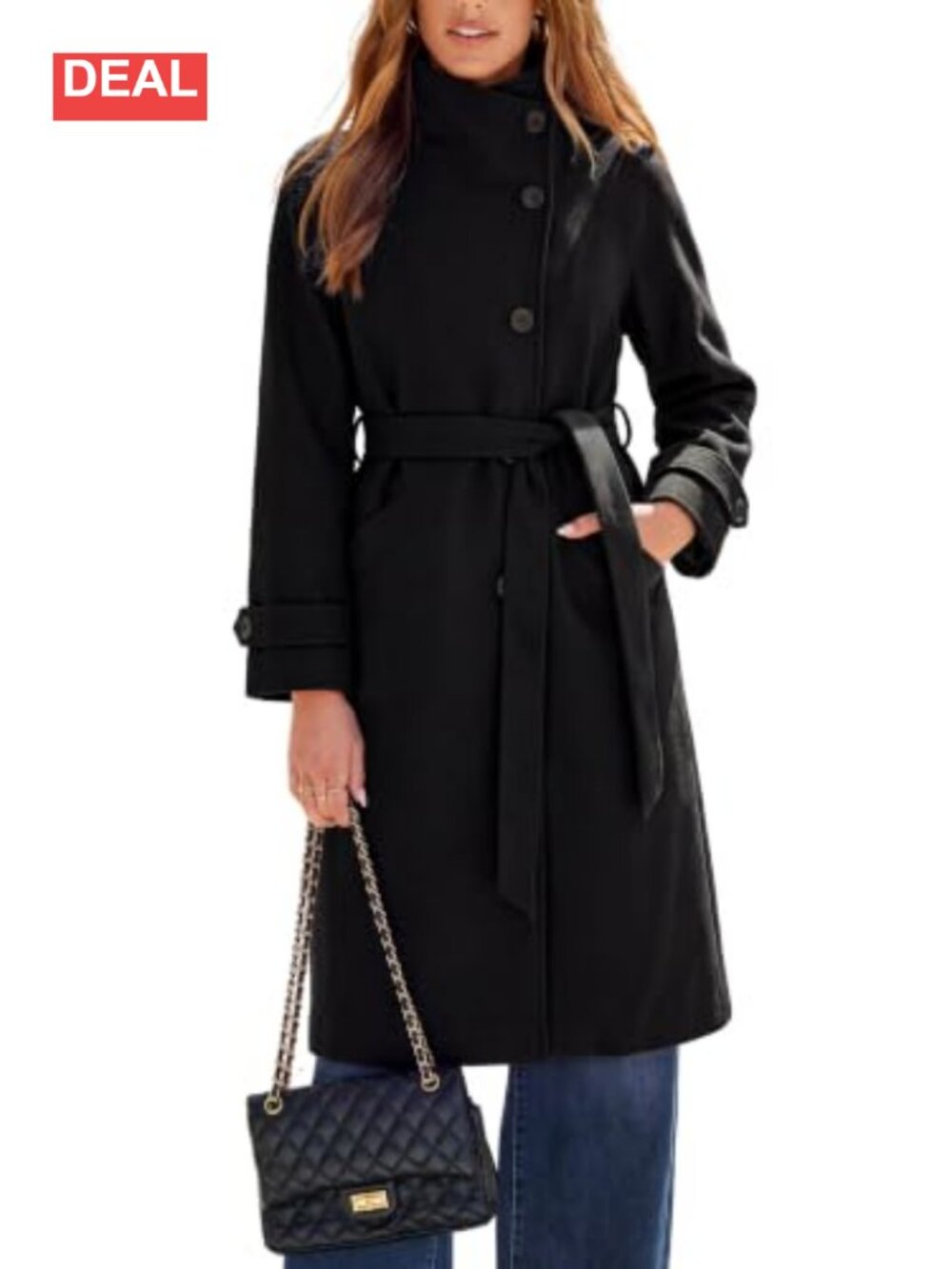 Women's Tweed Long Peacoat Belted Stand Collar Winter Coat